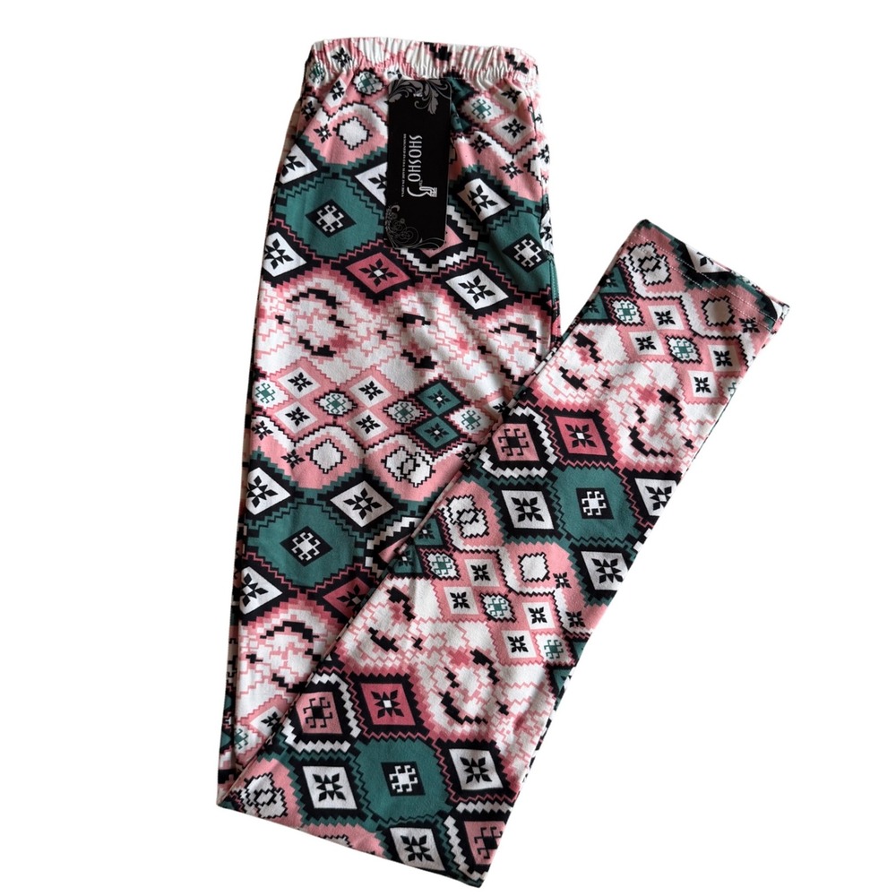New Shosho Leggings Tribal Geometric Boho Pink Green Festival Activewear Yoga OS